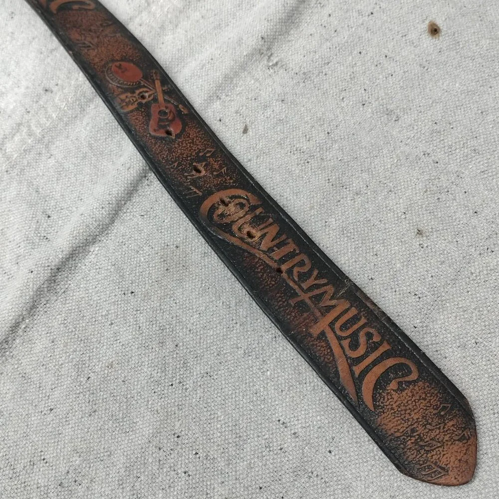 Vintage 80s Tooled Guitar Banjo Fiddle Country Music Brown Leather Belt XS Small